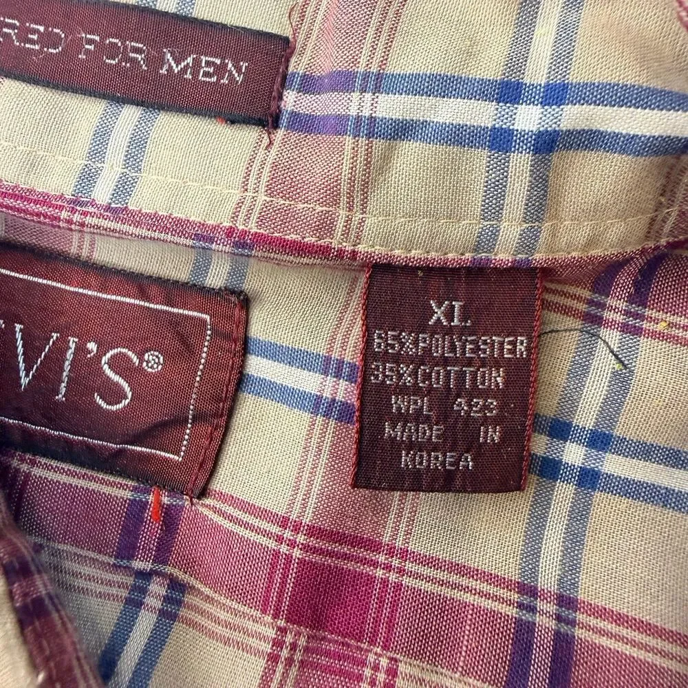 Levis Mens Shirt XL Brown Plaid 80s Button Up Tabs Korea TEAR SEE PICS Vintage
